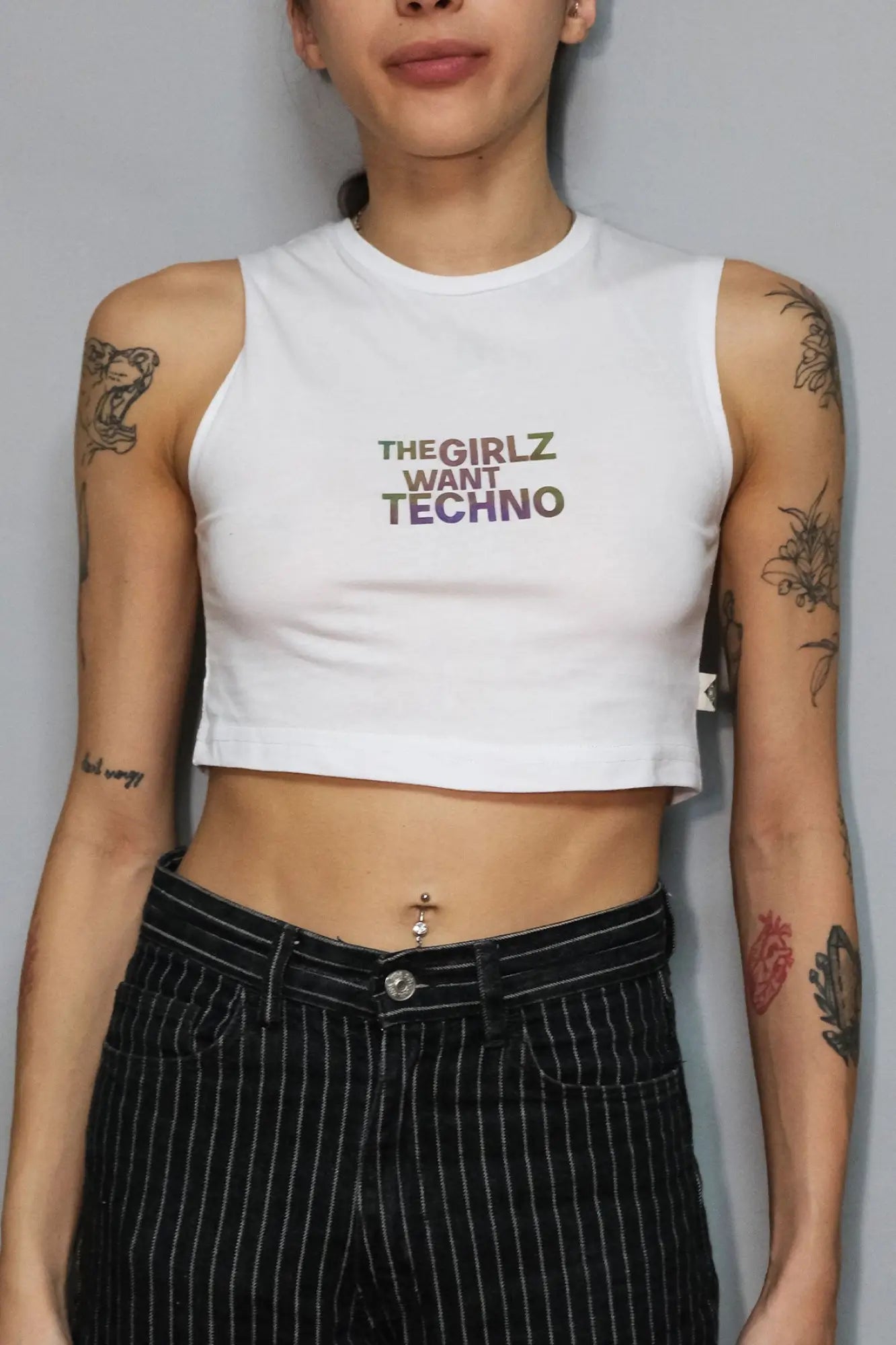 Beyaz Crop Top Üst | The Girlz Want Techno - White Crop Top Reflective.