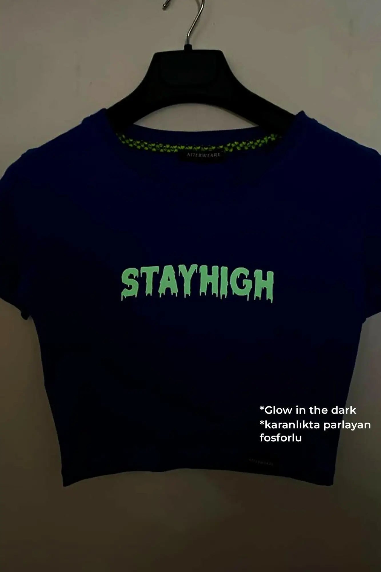 Fosforlu Baskılı Mavi Crop Tişört - Stayhigh | Blue Crop T-shirt.