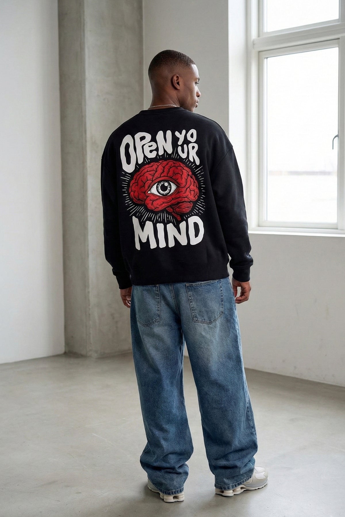 Unisex Siyah Oversize Sweatshirt 'open your mind'