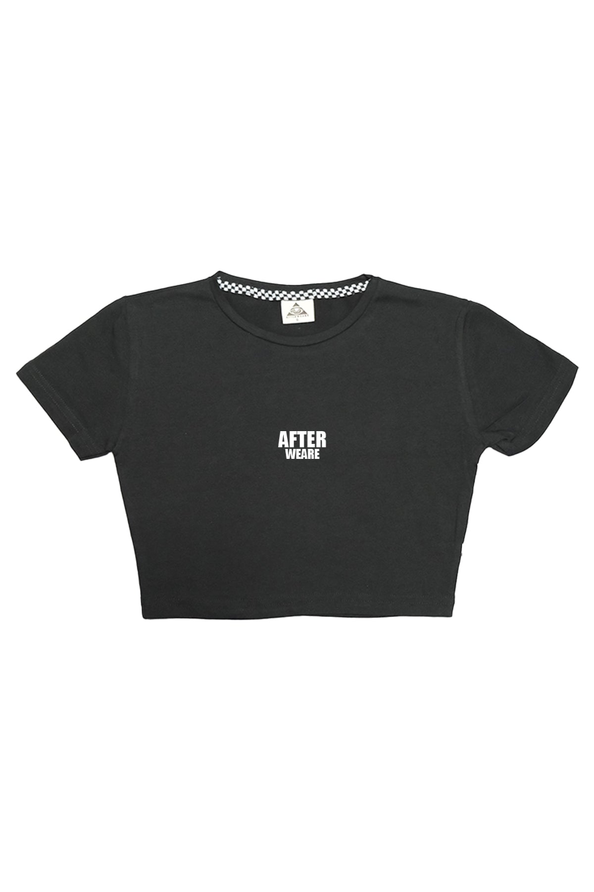 afterweare baskılı siyah crop tişört görseli, techno temalı kadın giyim tasarımı.