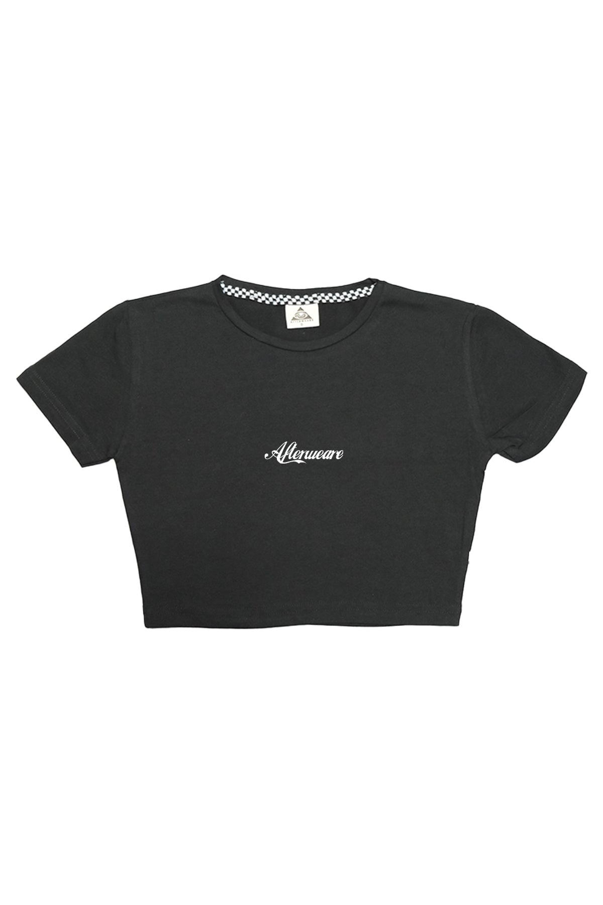 afterweare baskılı siyah crop tişört görseli, techno temalı kadın giyim tasarımı.