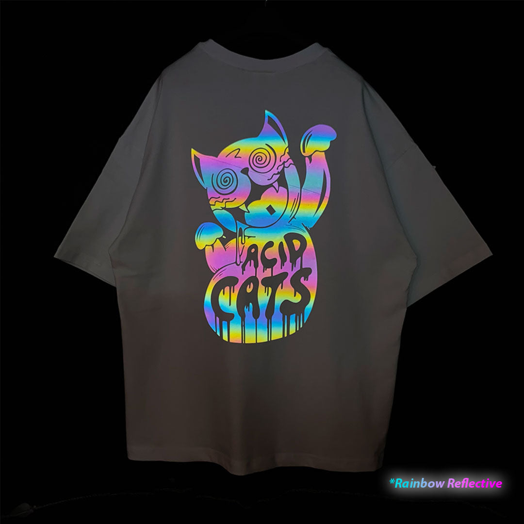 WHITE OVERSIZE T-SHIRT 'ACID CATS' RAINBOW REFLECTIVE