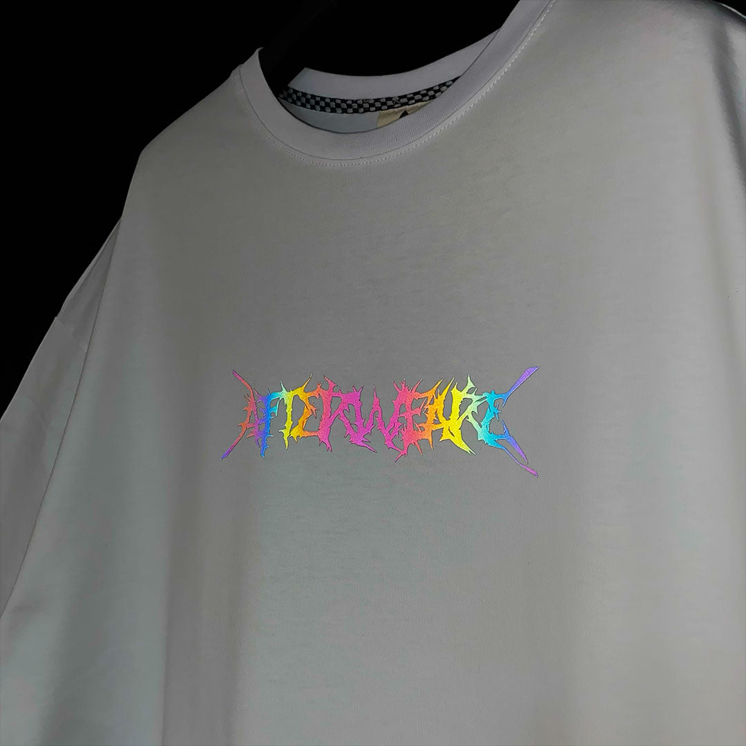 WHITE OVERSIZE T-SHIRT 'HARDCORE MOTHERFUCKER 2' RAINBOW REFLECTIVE