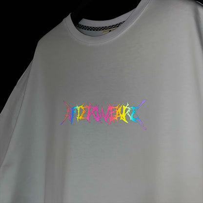 WHITE OVERSIZE T-SHIRT 'HARDCORE MOTHERFUCKER 2' RAINBOW REFLECTIVE