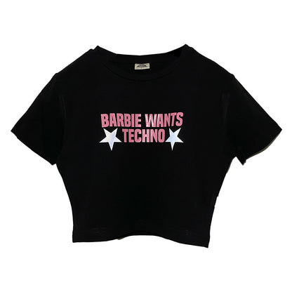 barbie tshirt, barbie wants techno, barbie crop tshirt