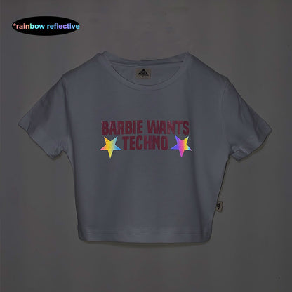 Beyaz Crop Tişört - BARBIE WANTS TECHNO | White Crop T-shirt