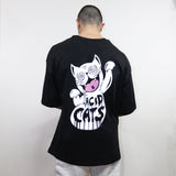 reflektör kedi baskılı oversize siyah tişört