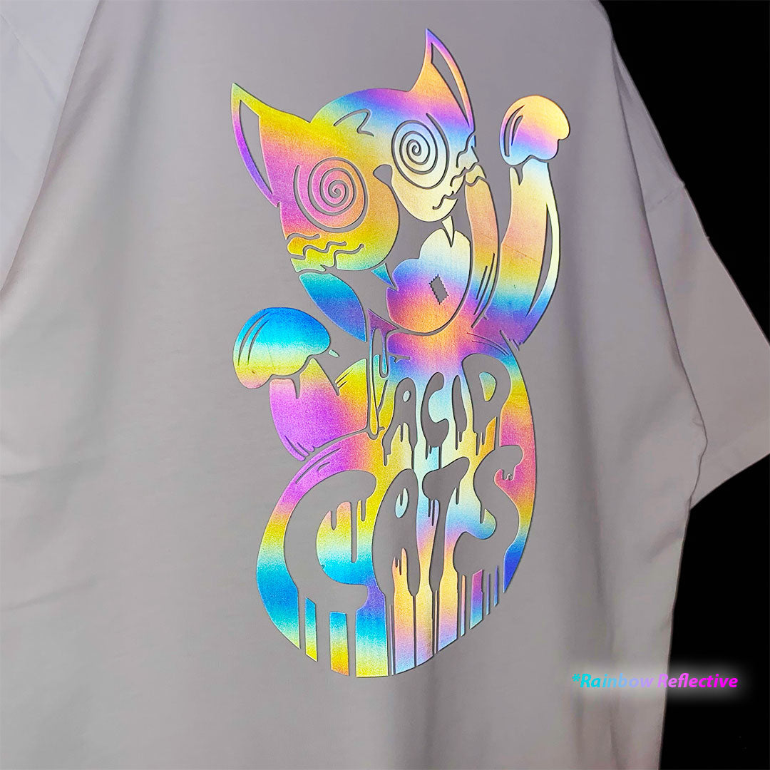 WHITE OVERSIZE T-SHIRT 'ACID CATS' RAINBOW REFLECTIVE