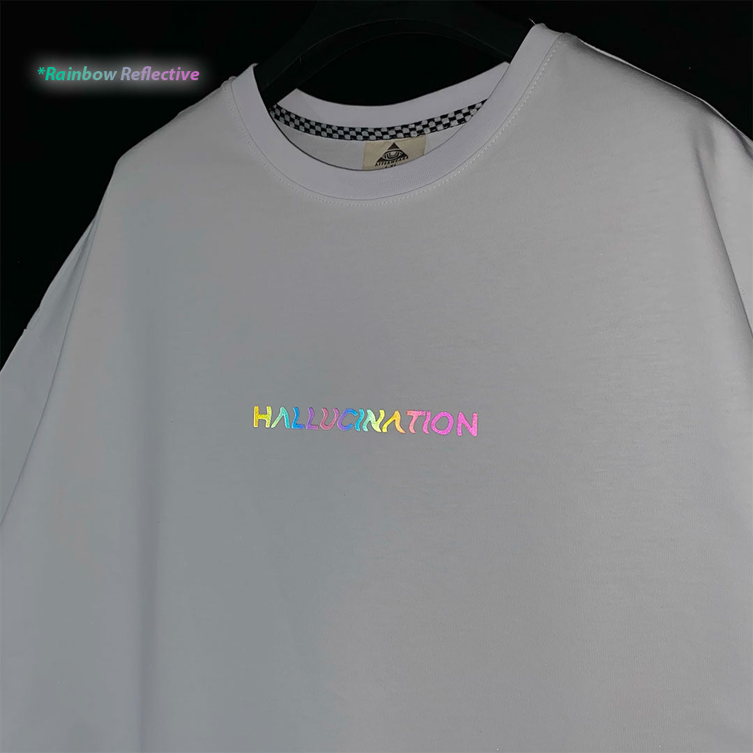 WEISSES OVERSIZE-T-SHIRT „HALLUCINATION“ REGENBOGEN REFLEKTIEREND