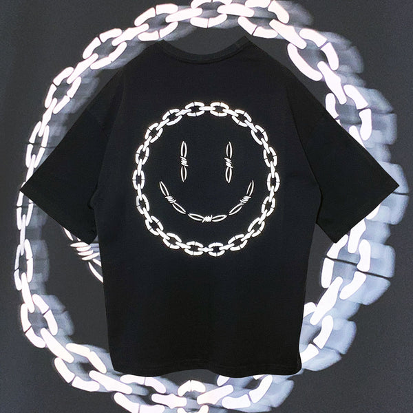 siyah oversize tişört zincir şeklinde gülen yüz reflektör baskılı dikenli acid lsd smiley baskılı tişört