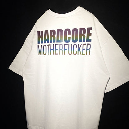 WHITE OVERSIZE T-SHIRT 'HARDCORE MOTHERFUCKER' RAINBOW REFLECTIVE