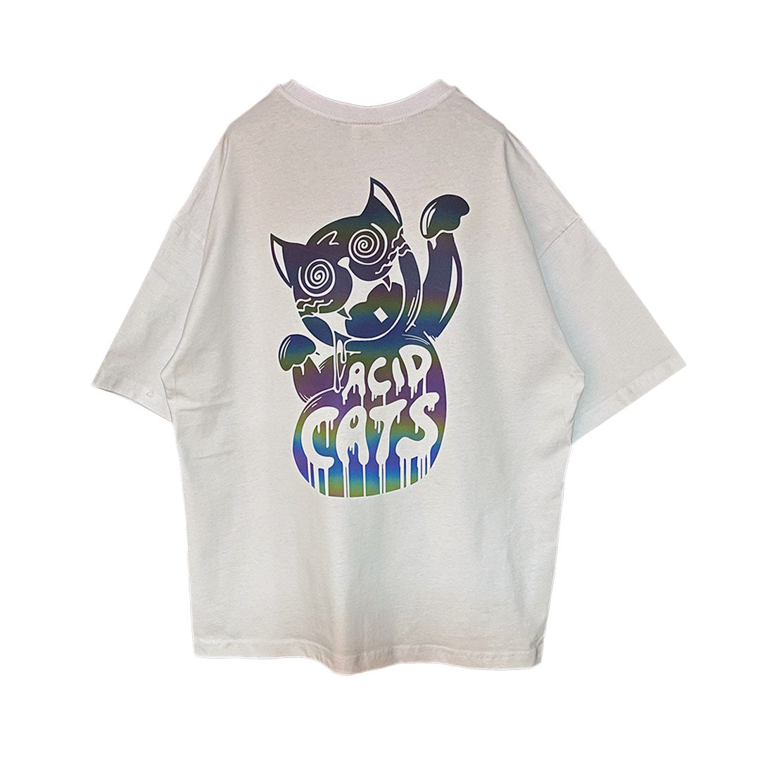 WHITE OVERSIZE T-SHIRT 'ACID CATS' RAINBOW REFLECTIVE