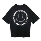 siyah oversize tişört zincir şeklinde gülen yüz reflektör baskılı dikenli acid lsd smiley baskılı tişört