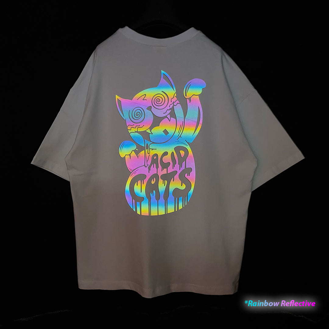 WHITE OVERSIZE T-SHIRT 'ACID CATS' RAINBOW REFLECTIVE