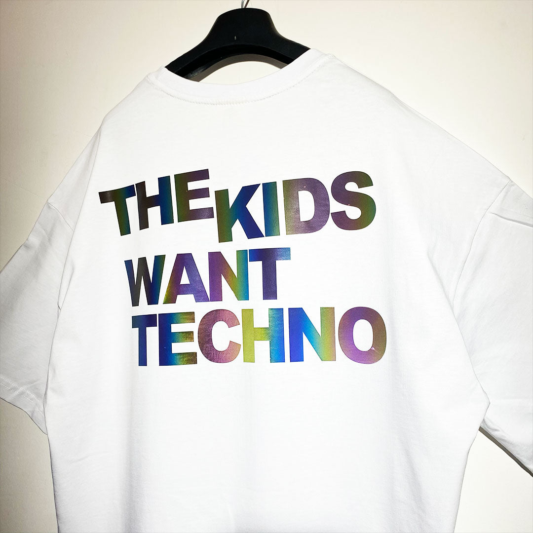 WHITE OVERSIZE T-SHIRT 'THE KIDS WANT TECHNO' RAINBOW REFLECTIVE