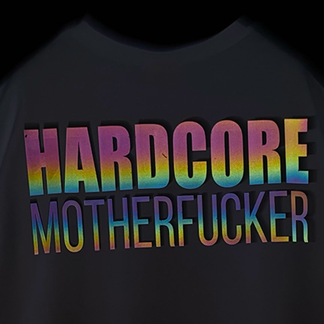 WHITE OVERSIZE T-SHIRT 'HARDCORE MOTHERFUCKER' RAINBOW REFLECTIVE