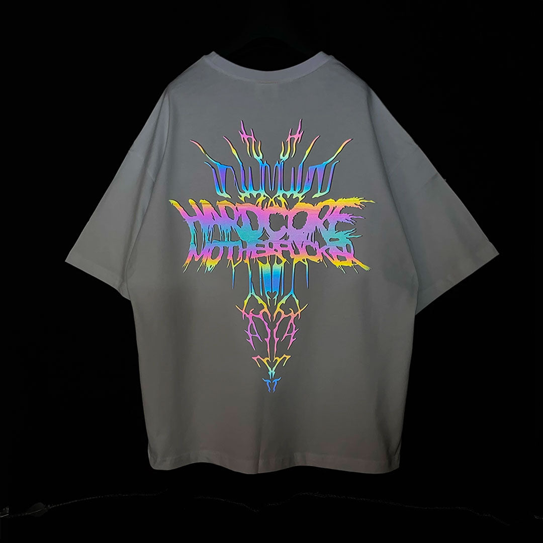 WHITE OVERSIZE T-SHIRT 'HARDCORE MOTHERFUCKER 2' RAINBOW REFLECTIVE