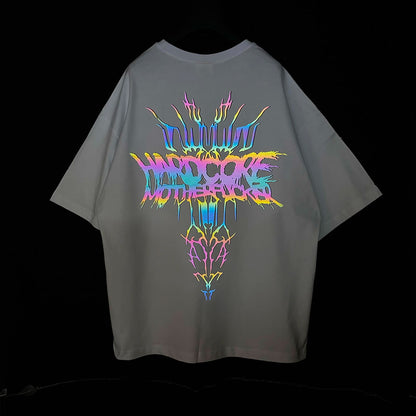 WHITE OVERSIZE T-SHIRT 'HARDCORE MOTHERFUCKER 2' RAINBOW REFLECTIVE