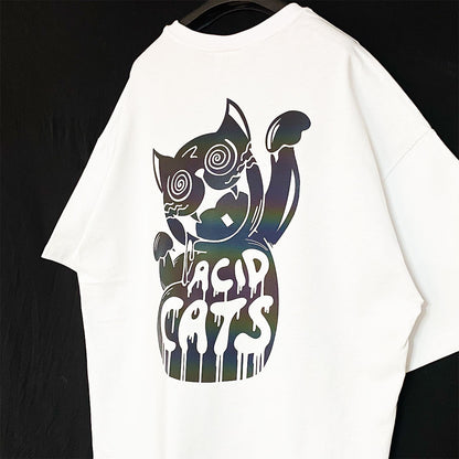 WHITE OVERSIZE T-SHIRT 'ACID CATS' RAINBOW REFLECTIVE