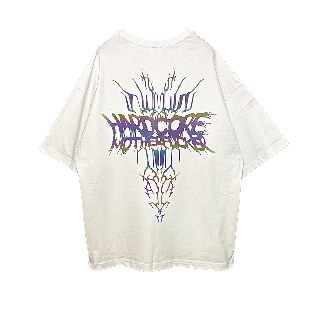 WHITE OVERSIZE T-SHIRT 'HARDCORE MOTHERFUCKER 2' RAINBOW REFLECTIVE