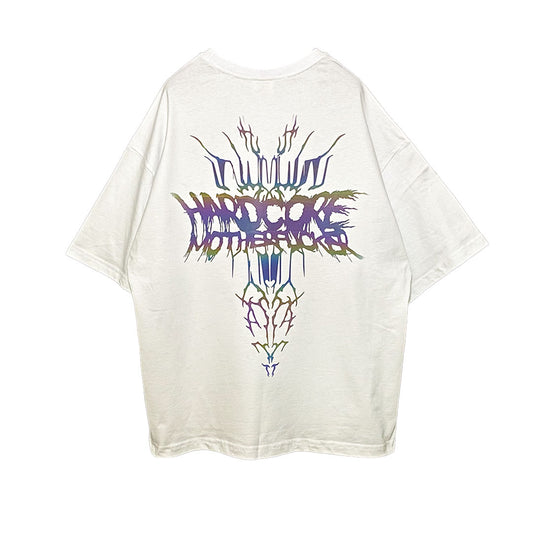 WHITE OVERSIZE T-SHIRT 'HARDCORE MOTHERFUCKER 2' RAINBOW REFLECTIVE