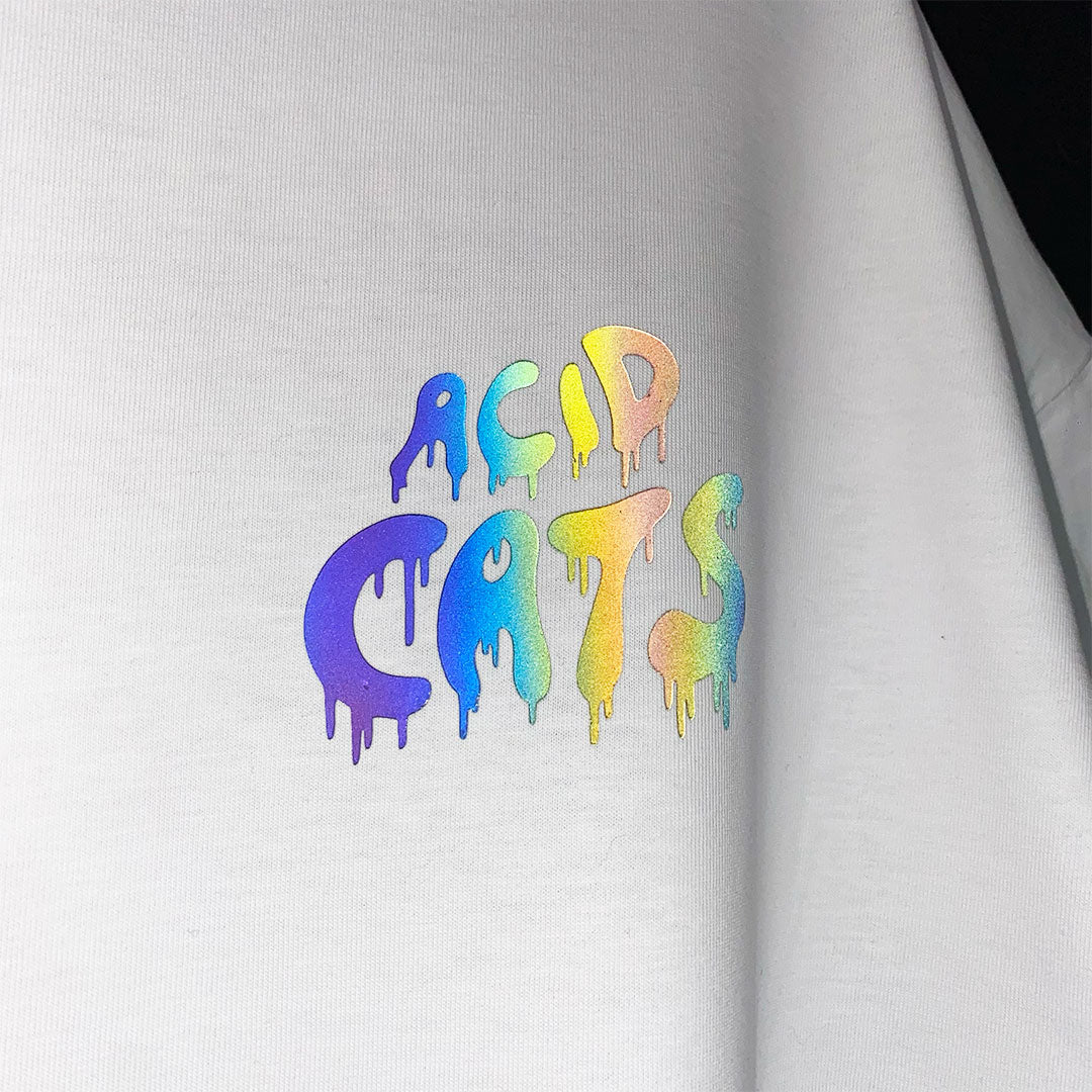 WHITE OVERSIZE T-SHIRT 'ACID CATS' RAINBOW REFLECTIVE