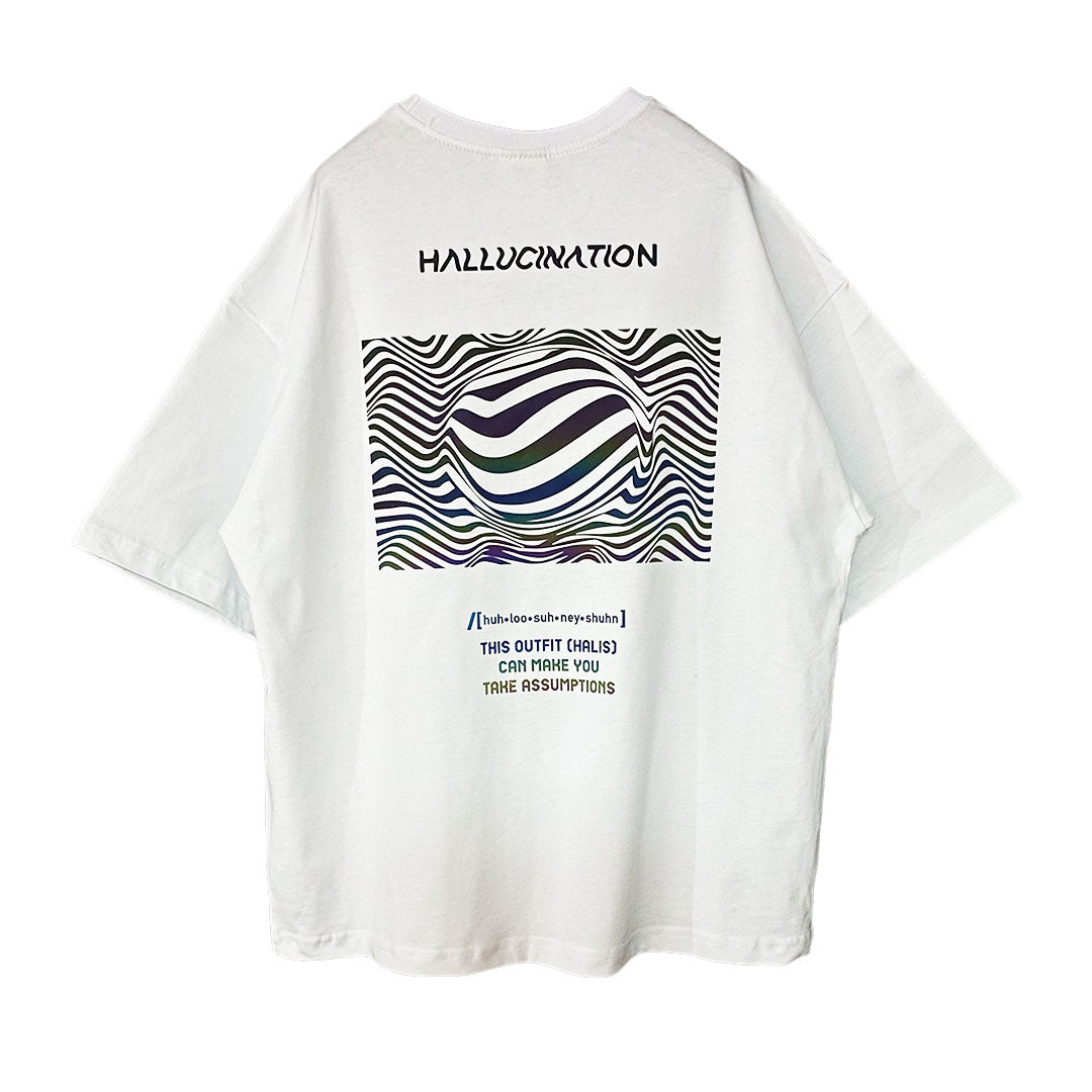 WEISSES OVERSIZE-T-SHIRT „HALLUCINATION“ REGENBOGEN REFLEKTIEREND