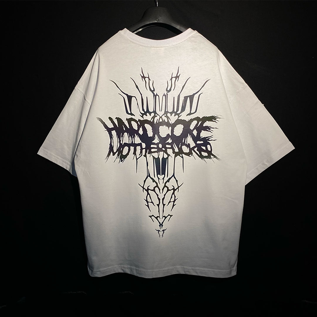 WHITE OVERSIZE T-SHIRT 'HARDCORE MOTHERFUCKER 2' RAINBOW REFLECTIVE