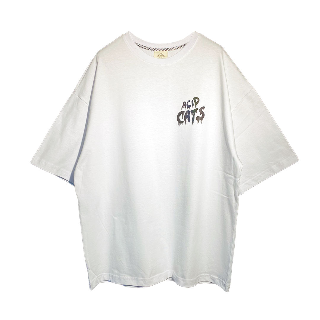 WHITE OVERSIZE T-SHIRT 'ACID CATS' RAINBOW REFLECTIVE