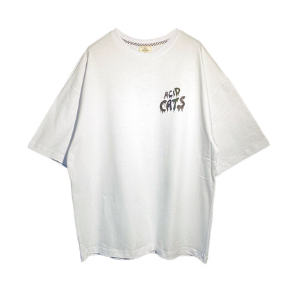 WHITE OVERSIZE T-SHIRT 'ACID CATS' RAINBOW REFLECTIVE