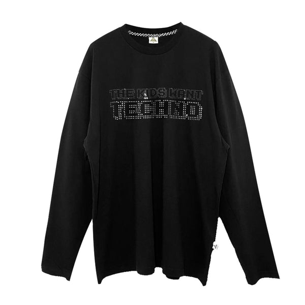 RELAXED FIT BLACK LONG SLEEVE TEE 'THE KIDS WANT TECHNO' CRYSTAL