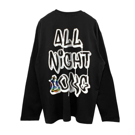 Relaxed Fit Siyah Uzun Kollu Tişört 'ALL NIGHT BONG' Reflective