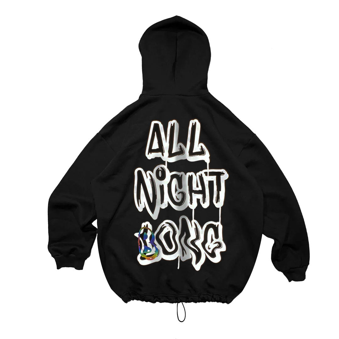 BLACK OVERSIZE HOODIE 'ALL NIGHT BONG' REFLECTIVE.