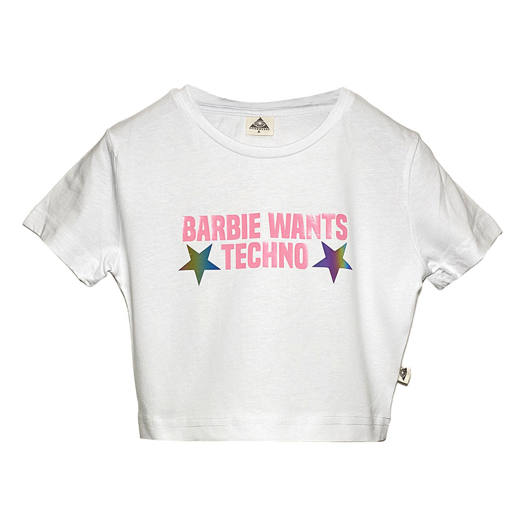 Beyaz Crop Tişört - BARBIE WANTS TECHNO | White Crop T-shirt