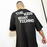 the kids want techno yazılı reflektör baskılı oversize siyah tişört festival parti giyimi techno müzik sevenler için
