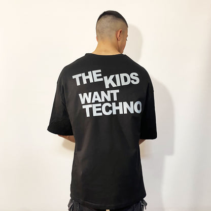 the kids want techno yazılı reflektör baskılı oversize siyah tişört festival parti giyimi techno müzik sevenler için