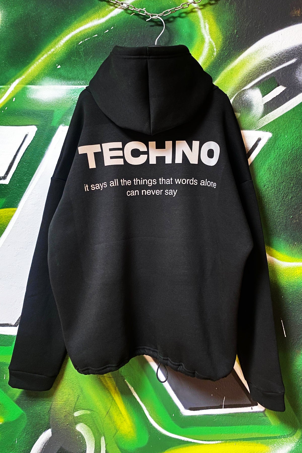 Siyah Kapüşonlu Sweatshirt 'TECHNO' Black Oversize Hoodie.