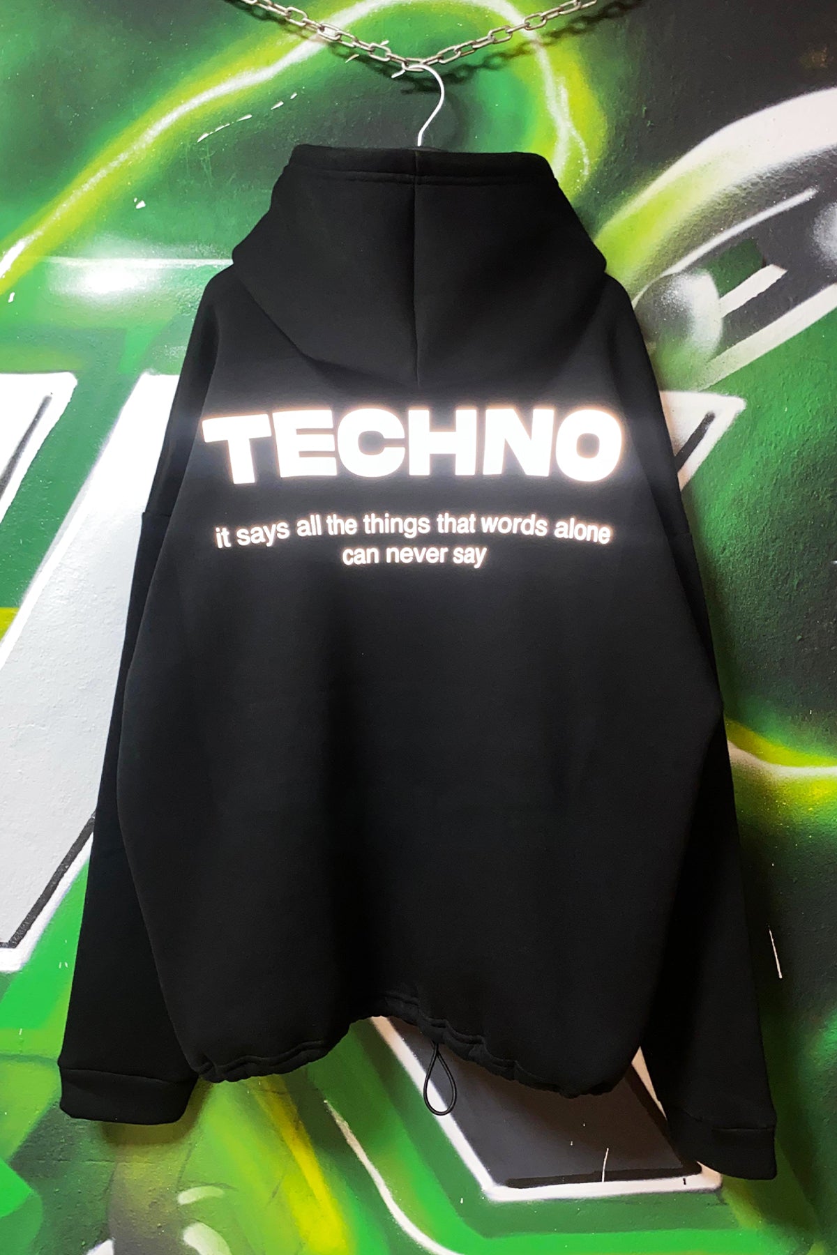 Siyah Kapüşonlu Sweatshirt 'TECHNO' Black Oversize Hoodie.