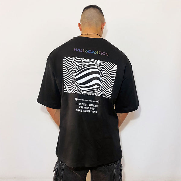 Black Oversize Reflective Techno Rave Party T-shirt – Unisex festival clothing that lights up your night. Stand out in style with our Streetwear, Techno party, rave clothing Oversize T-shirt