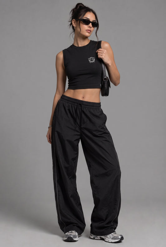 Siyah Crop Top Üst Acid Face