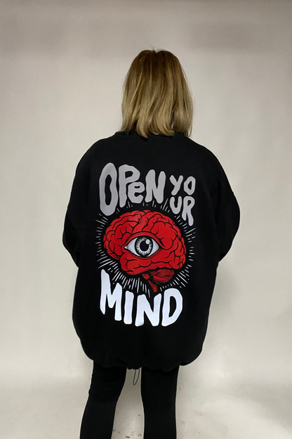 Unisex Siyah Oversize Sweatshirt 'open your mind'