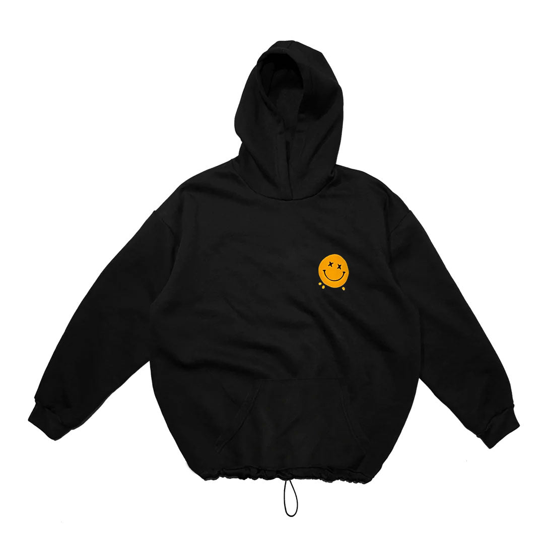 BLACK OVERSIZE HOODIE 'HARDCORE HAPPY SOUL' REFLECTIVE.