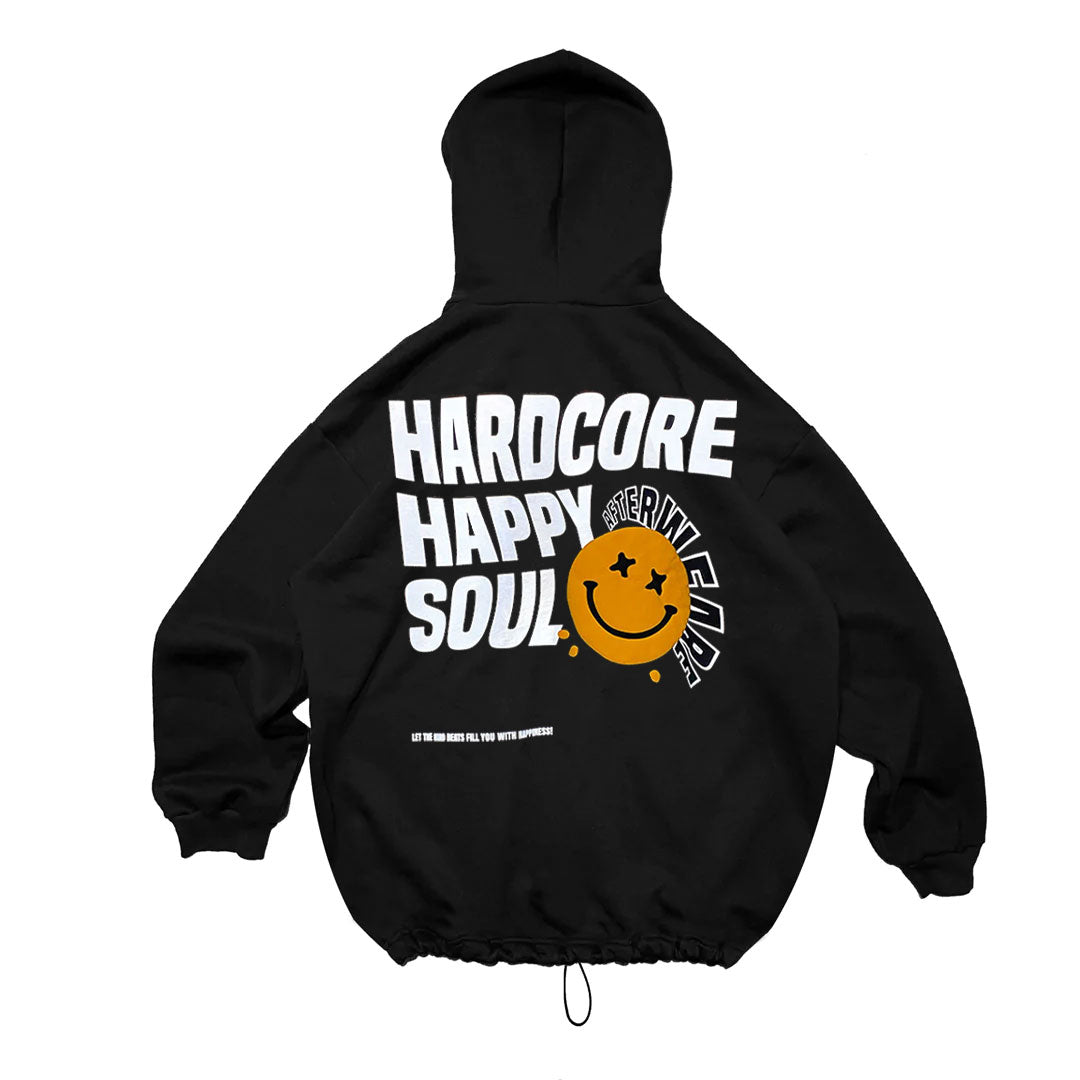 BLACK OVERSIZE HOODIE 'HARDCORE HAPPY SOUL' REFLECTIVE