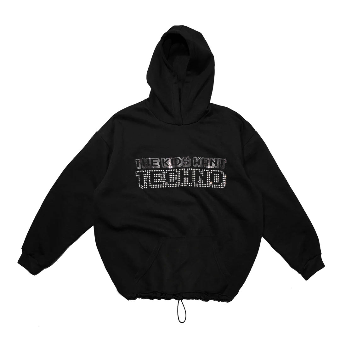 BLACK OVERSIZE HOODIE 'THE KIDS WANT TECHNO' CRYSTAL.