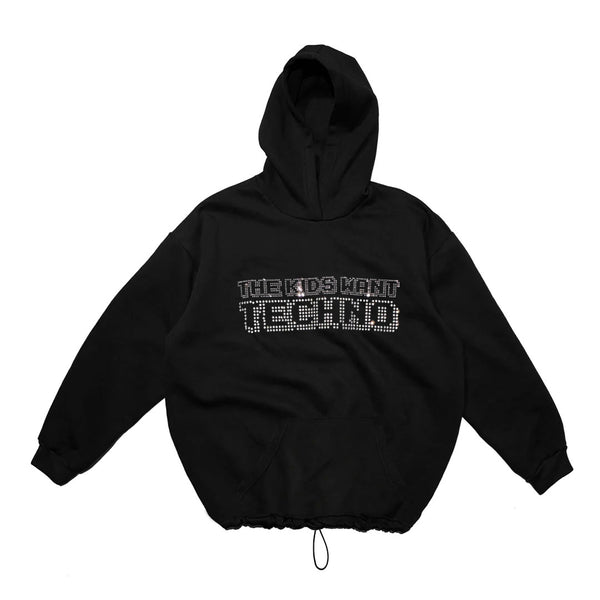 BLACK OVERSIZE HOODIE 'THE KIDS WANT TECHNO' CRYSTAL