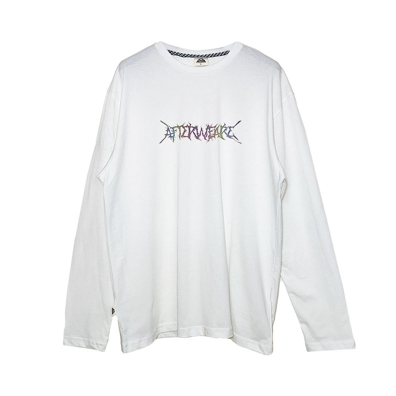 RELAXED FIT WHITE LONG SLEEVE TEE 'HARDCORE TRIBAL' RAINBOW REFLECTIVE