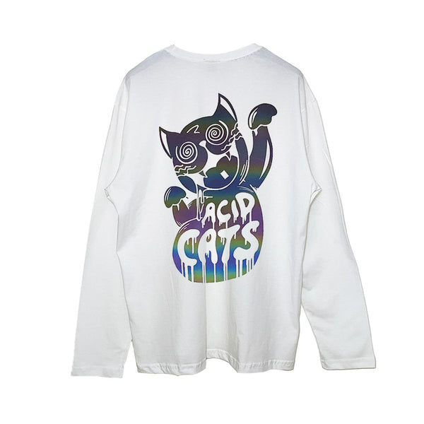 RELAXED FIT WHITE LONG SLEEVE TEE 'ACID CATS' RAINBOW REFLECTIVE