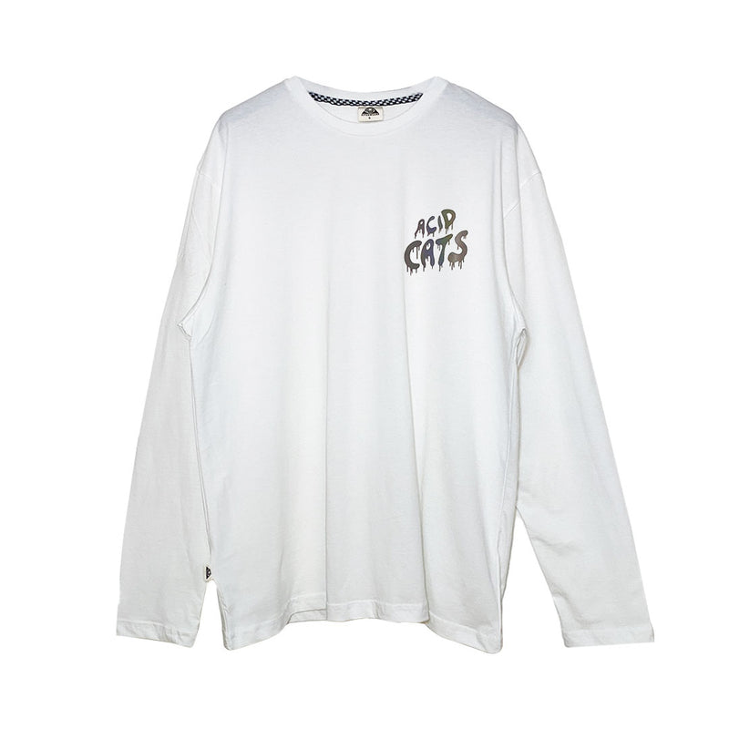 RELAXED FIT WHITE LONG SLEEVE TEE 'ACID CATS' RAINBOW REFLECTIVE