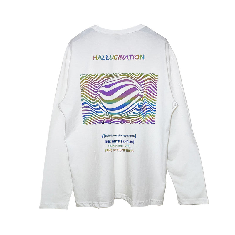 RELAX FIT WEISSES LANGÄRMELIGES T-Shirt „HALLUCINATION“ REGENBOGEN REFLEKTIEREND