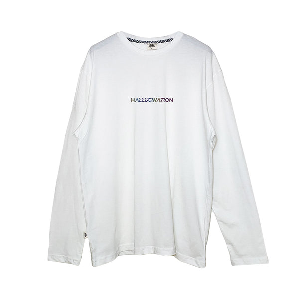 RELAXED FIT WHITE LONG SLEEVE TEE 'HALLUCINATION' RAINBOW REFLECTIVE